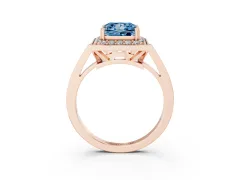 Fancy Blue Princess Cut Diamond Halo Ring Set in Rose gold with Accent-Lined Split Shank and Prong Setting