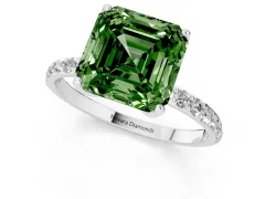Fancy Green Asscher Cut Diamond Solitaire Engagement Ring Set in White gold with Round Pavé Band and Prong Setting