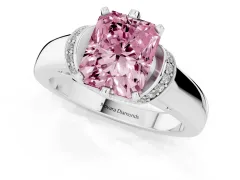 Fancy Pink Radiant Cut Diamond Pavé Band Solitaire Ring Set in Platinum with Prong Setting