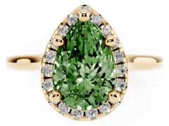 Fancy Green Pear Cut Diamond Halo Engagement Ring Set in Yellow gold with Pavé Band and Rising Shoulders