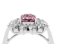 Fancy Pink Emerald Cut Diamond Floral Double Halo Ring Set in Platinum with Round Petals