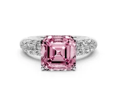 Fancy Pink Asscher Cut Diamond Pavé Band Solitaire Ring Set in White gold with Close-Set Accent Stones and Prong Setting