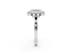 Emerald Cut Diamond Cluster Halo Ring Set in Platinum with Milgrain Bezel Accents and Plain Band