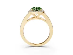 Fancy Green Round Cut Diamond Halo Split Shank Ring Set in Yellow gold with Accent Stones and Prong Setting