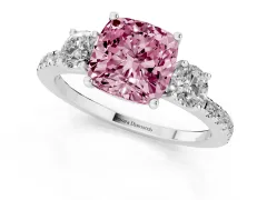 Fancy Pink Cushion Cut Diamond Three-Stone Ring Set in White gold with Pavé Band and Graduated Sides