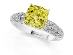 Fancy Yellow Cushion Cut Diamond Pavé Band Solitaire Ring Set in Silver with Close-Set Accent Stones and Prong Setting