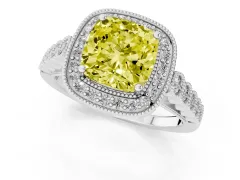 Fancy Yellow Cushion Cut Diamond Milgrain Halo Solitaire Ring Set in Silver with Bezel Set Side Stones and Pavé Band