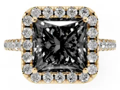 Fancy Black Princess Cut Diamond Halo Pavé Engagement Ring Set in Yellow gold with Prong Setting