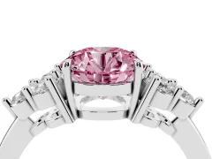 Fancy Pink Round Cut Diamond Solitaire Ring Set in Platinum with Cluster Accents on Each Side