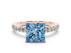Fancy Blue Princess Cut Diamond Pavé Solitaire Engagement Ring Set in Rose gold with Prong Setting