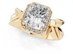 Radiant Cut Diamond Halo Floral Band Ring Set in Yellow gold with Prong Setting