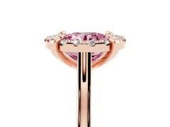 Fancy Pink Round Cut Diamond Cluster Halo Solitaire Ring Set in Rose gold with Prong Setting