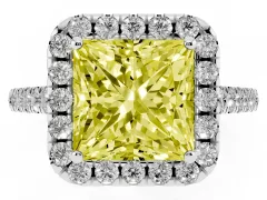 Fancy Yellow Princess Cut Diamond Halo Pavé Engagement Ring Set in Platinum with Prong Setting