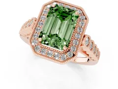 Fancy Green Emerald Cut Diamond Milgrain Halo Solitaire Ring Set in Rose gold with Bezel Set Side Stones and Pavé Band