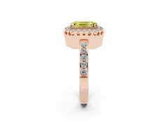 Fancy Yellow Emerald Cut Diamond Halo Ring Set in Rose gold with Pavé Shank and Prong Setting