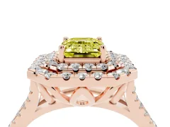 Fancy Yellow Emerald Cut Diamond Double Halo Ring Set in Rose gold with Pavé Split Shank and Prong Setting