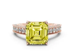 Fancy Yellow Asscher Cut Diamond Solitaire Ring Set in Rose gold with Milgrain-Edged Pavé Band and Prong Setting