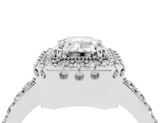 Emerald Cut Diamond Halo Ring Set in Silver with Pavé Shank and Prong Setting