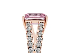 Fancy Pink Emerald Cut Diamond Split Shank Pavé Engagement Ring Set in Rose gold with Prong-Held Center Stone