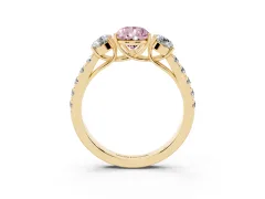 Fancy Pink Pear Cut Diamond Three-Stone Ring Set in Yellow gold with Round Side Stones and Delicate Pavé Band