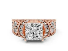 Princess Cut Diamond Milgrain Halo Pavé Engagement Ring Set in Rose gold with Prong Setting