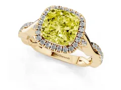 Fancy Yellow Cushion Cut Diamond Halo Twist Band Solitaire Ring Set in Yellow gold with Prong Setting