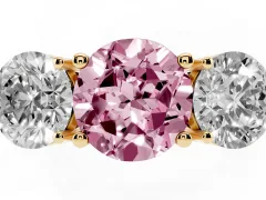 Fancy Pink Round Cut Diamond Three-Stone Ring Set in Yellow gold with Prong Setting and Plain Band