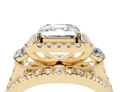 Asscher Cut Diamond Halo Split Shank Ring Set in Yellow gold with Round Accent Stones and Prong Setting