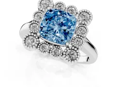 Fancy Blue Cushion Cut Diamond Cluster Halo Ring Set in White gold with Milgrain Bezel Accents and Plain Band