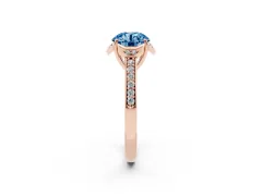Fancy Blue Round Cut Diamond Halo Ring Set in Rose gold with Channel Set Band and Prong Setting