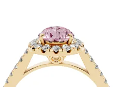 Fancy Pink Pear Cut Diamond Pavé Halo Engagement Ring Set in Yellow gold with Pavé Band and Prong Setting