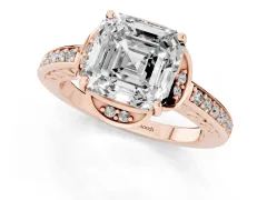 Asscher Cut Diamond Halo Ring Set in Rose gold with Channel Set Band and Prong Setting