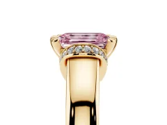 Fancy Pink Emerald Cut Diamond Pavé Band Solitaire Ring Set in Yellow gold with Prong Setting