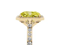 Fancy Yellow Radiant Cut Diamond Halo Engagement Ring Set in Yellow gold with Round Pavé Shoulders and Heart Gallery