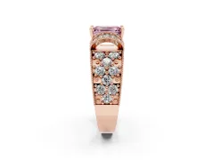 Fancy Pink Emerald Cut Diamond Milgrain Halo Pavé Engagement Ring Set in Rose gold with Prong Setting