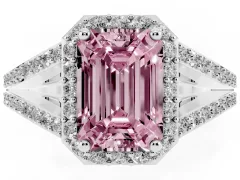 Fancy Pink Emerald Cut Diamond Halo Split Shank Pavé Ring Set in Platinum with Prong Setting