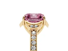 Fancy Pink Asscher Cut Diamond Halo Ring Set in Yellow gold with Channel Set Band and Prong Setting