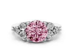 Fancy Pink Round Cut Diamond Solitaire Ring Set in Platinum with Cluster Accents on Each Side