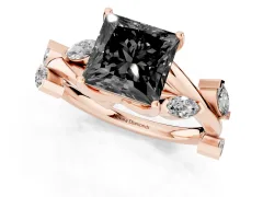 Fancy Black Princess Cut Diamond Solitaire Ring Set in Rose gold with Twisted Marquise Accent Band