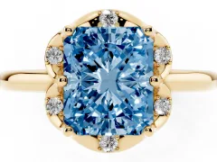 Fancy Blue Radiant Cut Diamond Round Cluster Halo Ring Set in Yellow gold with Solitaire Band and Prong Setting