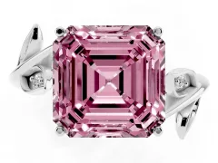 Fancy Pink Asscher Cut Diamond Solitaire Twist Engagement Ring Set in Silver with Pavé Leaf Accents