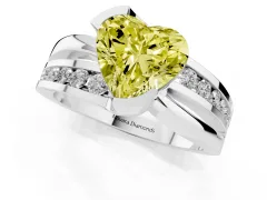 Fancy Yellow Heart Cut Diamond Solitaire Ring Set in Platinum with Channel Set Split Shank and Tension Prongs