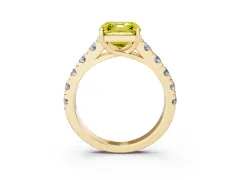 Fancy Yellow Asscher Cut Diamond Solitaire Ring Set in Yellow gold with Cut-Down Micro Pavé Band and Prong Setting