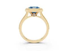 Fancy Blue Asscher Cut Diamond Halo Milgrain Pavé Band Ring Set in Yellow gold with Prong Setting