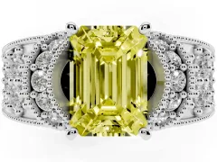 Fancy Yellow Emerald Cut Diamond Milgrain Halo Pavé Engagement Ring Set in White gold with Prong Setting