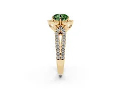 Fancy Green Round Cut Diamond Floral Halo Split Shank Engagement Ring Set in Yellow gold with Pavé Shank