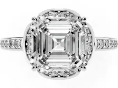 Asscher Cut Diamond Halo Ring Set in Platinum with Channel Set Band and Prong Setting
