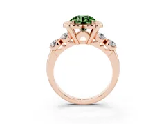 Fancy Green Round Cut Diamond Floral Halo Ring Set in Rose gold with Shared Prong Band