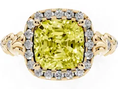 Fancy Yellow Cushion Cut Diamond Halo Ring Set in Yellow gold with Filigree Leaf Band and Prong Setting