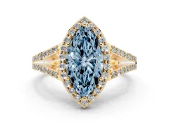 Fancy Blue Marquise Cut Diamond Halo Split Shank Pavé Ring Set in Yellow gold with Prong Setting